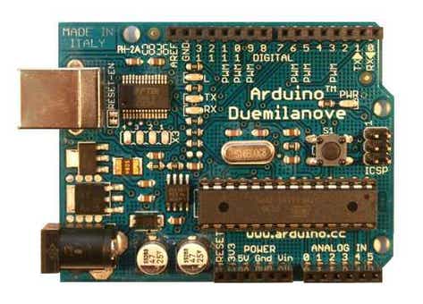 a small green circuit board labelled Arduino Duemilanova covered in chunky components