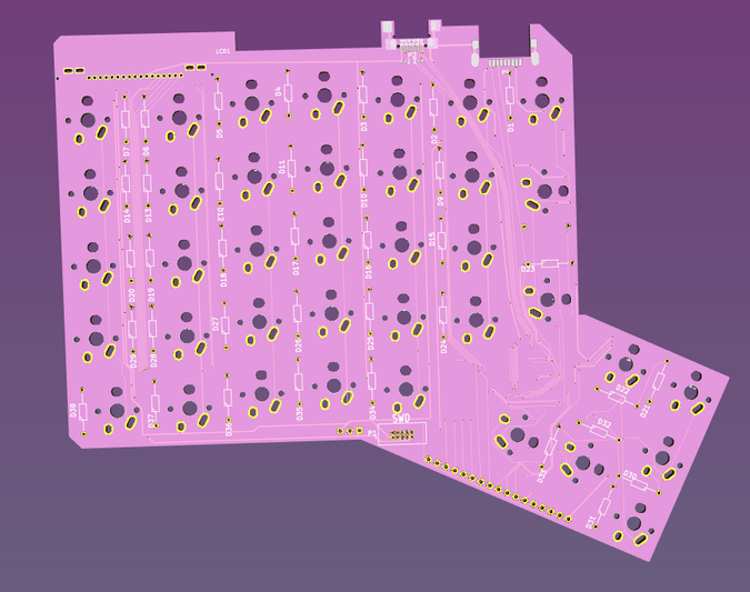 A pink L-shaped circuit board on a pink background
