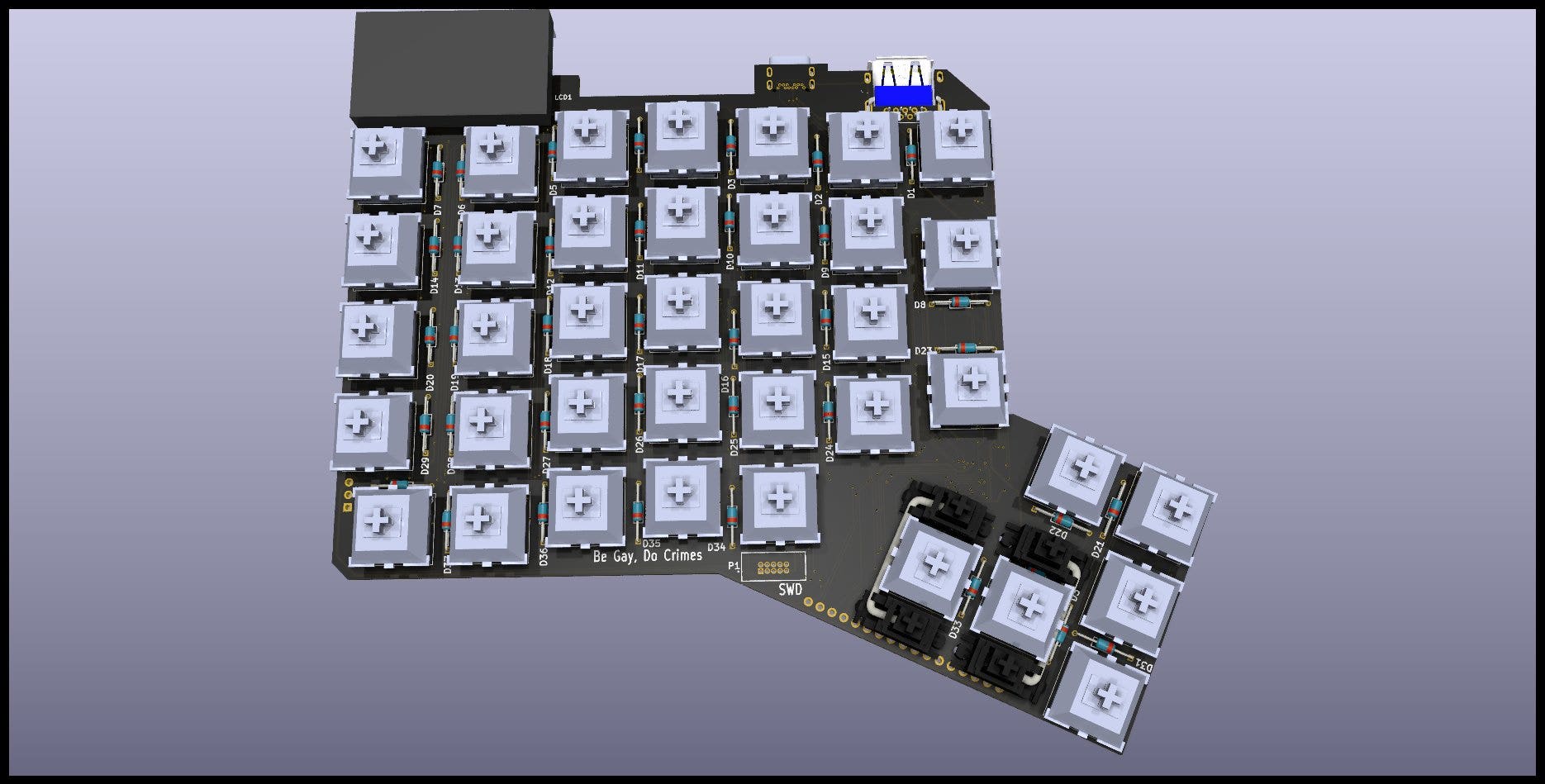 a top view of a keyboard, with a lot of formless grey keycaps in ortholinear rows. there's also stabilisers on two of the keys. the board is matte black