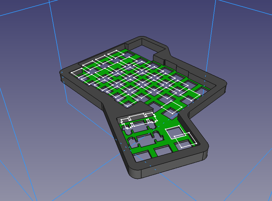 white keycap outlines, a green grid, and black case walls around it