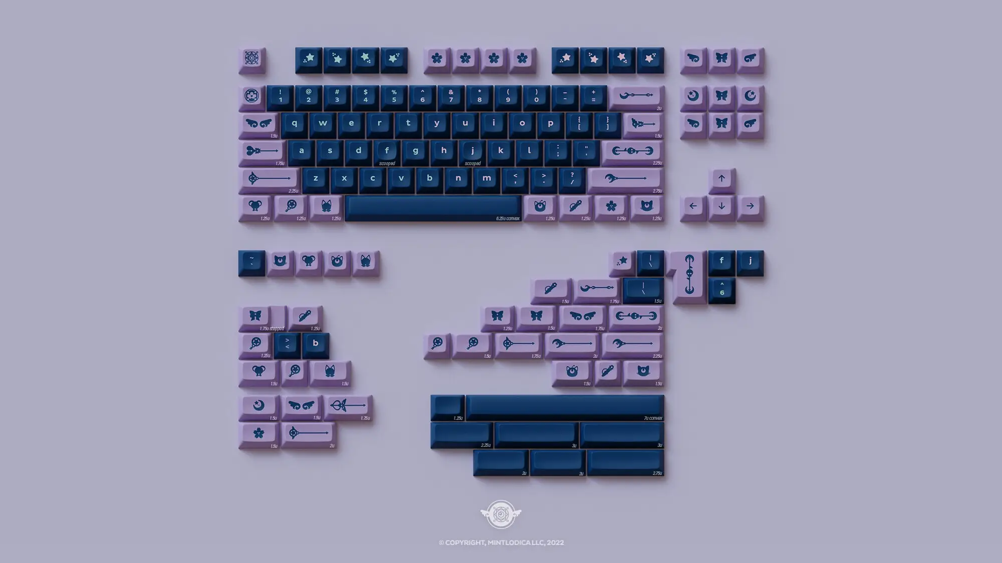 A series of light purple and dark blue keyboard keys, arranged in a grid. Some of the keys bear symbols of magical girls, like wands, bows, and hearts