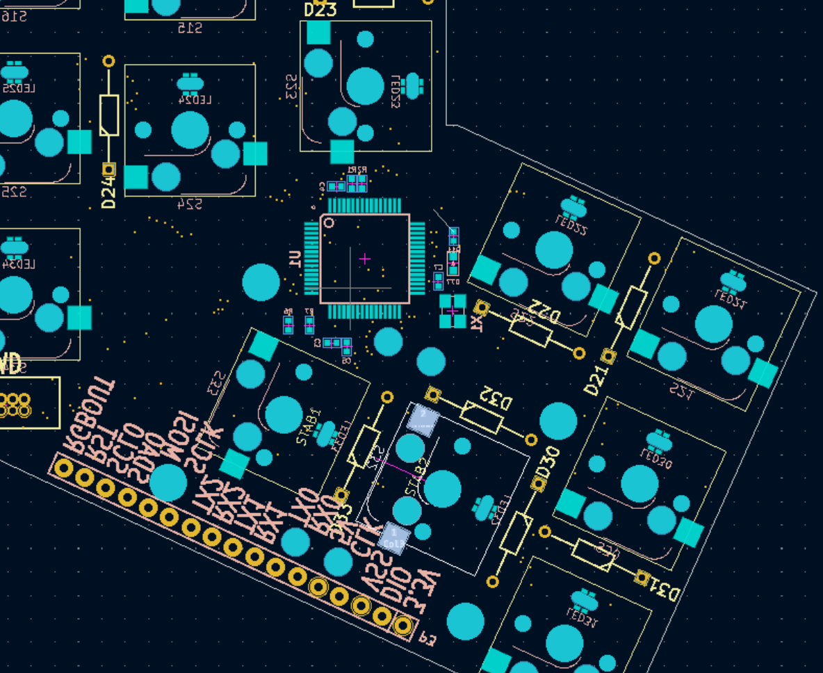 a x-ray view of a circuit board. holes and pads to be drilled are cyan, text and diagrams in yellow.