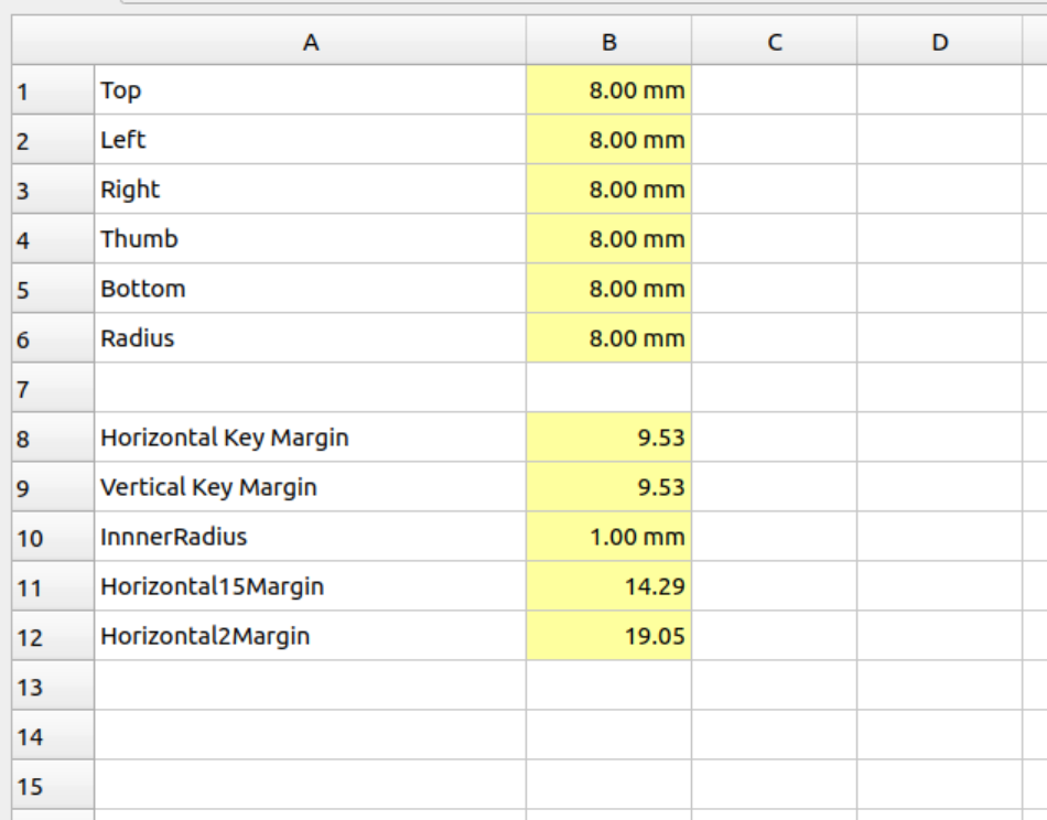 a spreadsheet with a table of values likehorizontal key margin: 9.53, vertical key margin: 9.53, inner radius 1.00mm