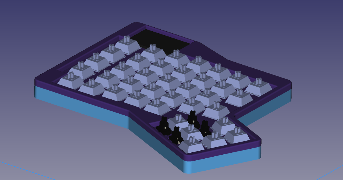 a 3d-model of a keyboard case with keyswitches in it