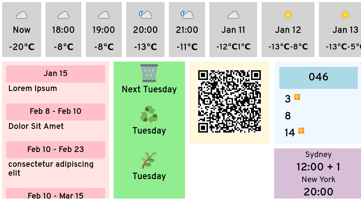 A grid of several coloured boxes. Across the top is the weather, then across the bottom is a calendar, emoji representing trash, a QR code for our wifi network, bus arrival times, and a clock showing the time in Sydney and New York