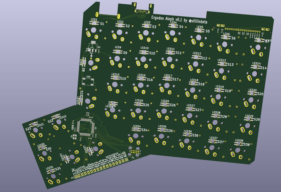 a computer generated rendering if the back of a green circuit board. At the top the board says Ergodox Aleph v0.1 by @stillinbeta